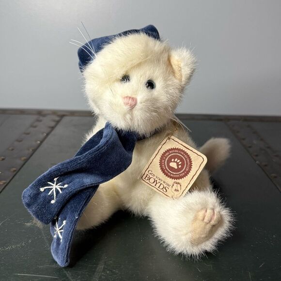 Boyds Bears Catia Crawford White Cat jointed plush 8" w/Blue Winter Scarf & Hat - Picture 1 of 5